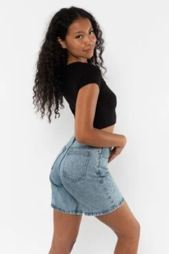 43025 - Baby Rib Short Sleeve Button Up Crop Top -Tops Zone 43025 Black2