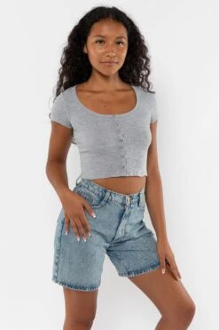 43025 - Baby Rib Short Sleeve Button Up Crop Top -Tops Zone 43025 HeatherGrey1