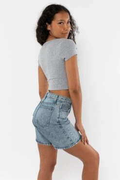 43025 - Baby Rib Short Sleeve Button Up Crop Top -Tops Zone 43025 HeatherGrey2