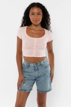 43025 - Baby Rib Short Sleeve Button Up Crop Top -Tops Zone 43025 LightPink1