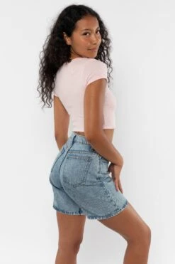 43025 - Baby Rib Short Sleeve Button Up Crop Top -Tops Zone 43025 LightPink2