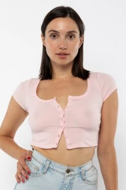 43025 - Baby Rib Short Sleeve Button Up Crop Top -Tops Zone 43025 LightPink3