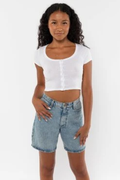 43025 - Baby Rib Short Sleeve Button Up Crop Top -Tops Zone 43025 White1