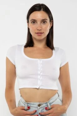 43025 - Baby Rib Short Sleeve Button Up Crop Top -Tops Zone 43025 White3