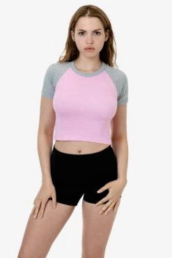 43077 - Baby Rib Short Sleeve Cropped Raglan -Tops Zone 43077 BABYPINKHTRGREY 1 1