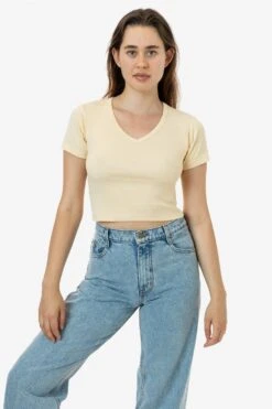 4356 - Baby Rib Short Sleeve V-Neck Crop Tee -Tops Zone 4356 CREME 1 1