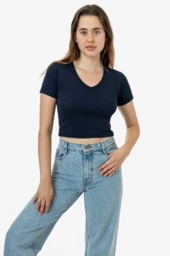 4356 - Baby Rib Short Sleeve V-Neck Crop Tee -Tops Zone 4356 NAVY 1 1