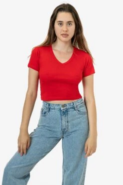 4356 - Baby Rib Short Sleeve V-Neck Crop Tee -Tops Zone 4356 RED 1 1
