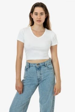 4356 - Baby Rib Short Sleeve V-Neck Crop Tee -Tops Zone 4356 WHITE 1 1