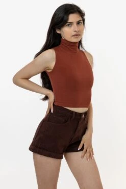 83073GD - Garment Dye Sleeveless Turtleneck Crop Top 23 83073GD - Garment Dye Sleeveless Turtleneck Crop Top -Tops Zone 83073GD SADDLE natalie