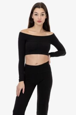 83074GD - Cotton Spandex Long Sleeve Off Shoulder Crop Top -Tops Zone 83074GD Black 1f