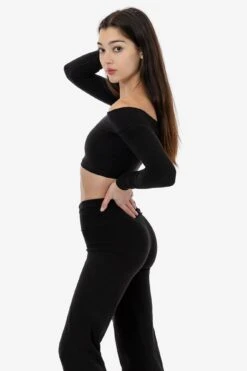 83074GD - Cotton Spandex Long Sleeve Off Shoulder Crop Top -Tops Zone 83074GD Black 2ff