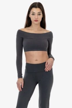 83074GD - Cotton Spandex Long Sleeve Off Shoulder Crop Top -Tops Zone 83074GD Dolphinblue 1f