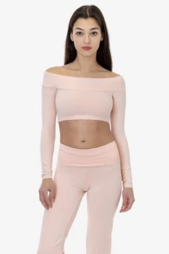 83074GD - Cotton Spandex Long Sleeve Off Shoulder Crop Top -Tops Zone 83074GD seashellpink 1f