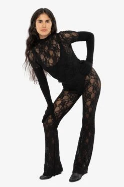 FNS300 - Floral Lace Flare Leggings -Tops Zone FNS302 Black10