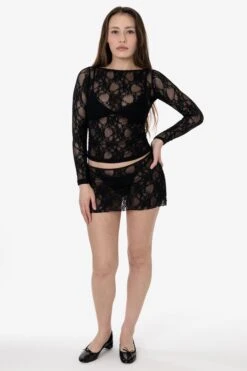 FNS344 - Floral Lace Long Sleeve Boatneck Top -Tops Zone FNS344 BLACK 2 fc411e82 e57d 4f63 b42e a7366f5a4a1f