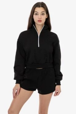 HF326 - Heavy Fleece Cropped Half Zip Pullover (Piece Dye) -Tops Zone HF 326 BLACK W