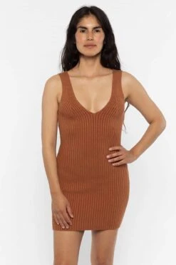 RFK226 - Ultra Heavy Knit Ribbed V Neck Dress -Tops Zone RFK226Camel 01 c9bc300c 97c8 4bde b6ad dd24dc071927