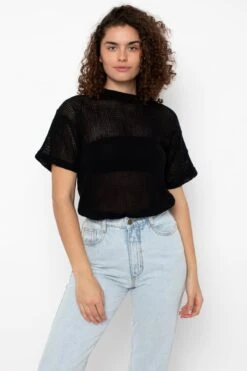 RIN401GD - Cotton Mock Neck Fishnet Garment Dye T-Shirt -Tops Zone RIN401GD BLACK