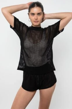 RIN401GD - Cotton Mock Neck Fishnet Garment Dye T-Shirt -Tops Zone RIN401GD Black1