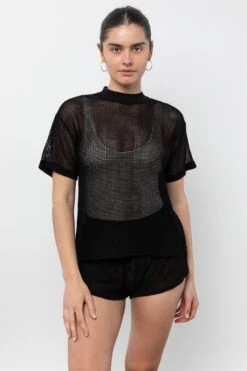RIN401GD - Cotton Mock Neck Fishnet Garment Dye T-Shirt -Tops Zone RIN401GD Black2