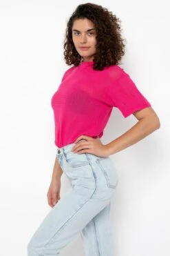 RIN401GD - Cotton Mock Neck Fishnet Garment Dye T-Shirt -Tops Zone RIN401GD FUSCHIA