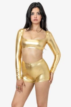 RLA387 - Lamé Squareneck Long Sleeve Micro Crop Top -Tops Zone RLA330 RLA387 GOLD NC2