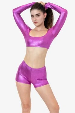RLA387 - Lamé Squareneck Long Sleeve Micro Crop Top -Tops Zone RLA330 RLA387 SHINYPINK 1k