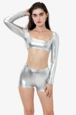 RLA387 - Lamé Squareneck Long Sleeve Micro Crop Top -Tops Zone RLA330 RLA387 SILVER 1k