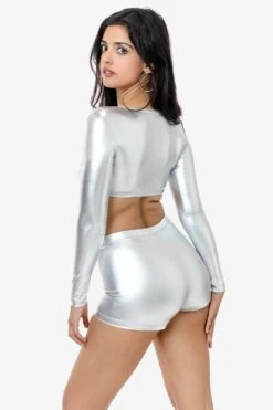 RLA387 - Lamé Squareneck Long Sleeve Micro Crop Top -Tops Zone RLA330 RLA387 SILVER NC2