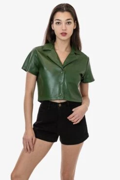 RLH3021 - Leather Cropped Camp Collar Shirt 8 RLH3021 - Leather Cropped Camp Collar Shirt -Tops Zone RLH3021 SABALGREEN 1x