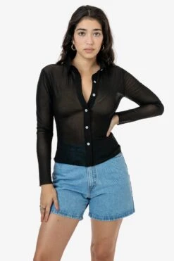 RNS745 - Micro Mesh Long Sleeve Button Up -Tops Zone RNS745 BRITTANY BLACK1 1