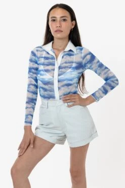 RNS745P - Printed Micro Mesh Long Sleeve Button Up 34 RNS745P - Printed Micro Mesh Long Sleeve Button Up -Tops Zone RURIKA LS 10S