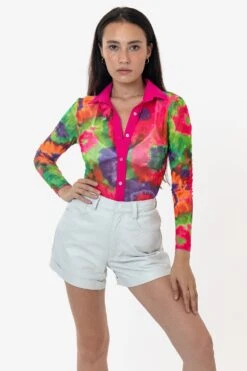 RNS745P - Printed Micro Mesh Long Sleeve Button Up 24 RNS745P - Printed Micro Mesh Long Sleeve Button Up -Tops Zone RURIKA LS 2S