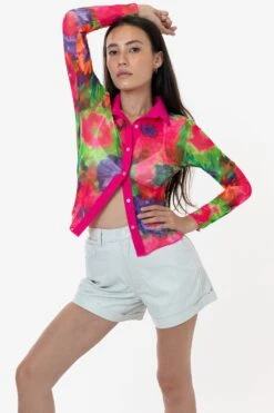 RNS745P - Printed Micro Mesh Long Sleeve Button Up 31 RNS745P - Printed Micro Mesh Long Sleeve Button Up -Tops Zone RURIKA LS 5S