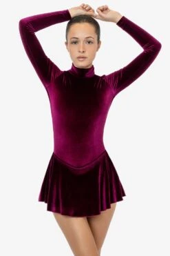 VVT410 - Velvet Long Sleeve Mockneck Skirted Leotard -Tops Zone VVT410 BURGUNDY1f