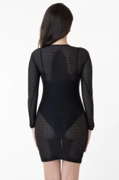 RNS309 - Long Sleeve Circle Mesh Dress -Tops Zone black rurika8