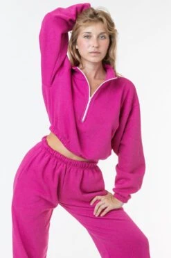 F396 - Flex Fleece Half Zip Cropped Pullover -Tops Zone fucschia updated