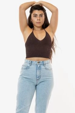 RFK406 - Viscose Nylon Cropped V-Neck Halter Top -Tops Zone halter jean 1