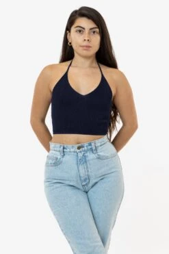 RFK406 - Viscose Nylon Cropped V-Neck Halter Top -Tops Zone halter jean navy