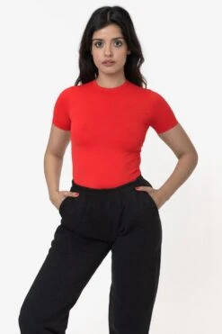 RN378 - Nylon Short Sleeve Crewneck Fitted Tee -Tops Zone nylontop natalie red