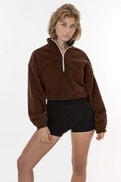 PF306 - Cropped Polar Fleece Half Zip Pullover -Tops Zone pfbrown F