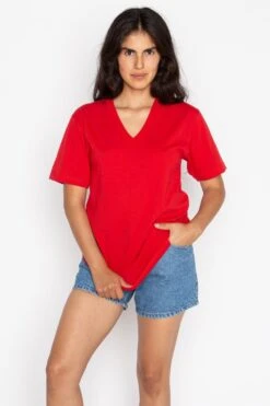 24056 Mix - Fine Jersey V-Neck T-Shirt -Tops Zone red