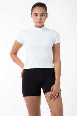 R4309 - Mockneck Cap Sleeve Baby Tee -Tops Zone white bikeshort 1