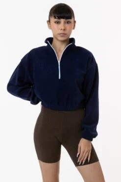 PF306 - Cropped Polar Fleece Half Zip Pullover -Tops Zone yumi navy1