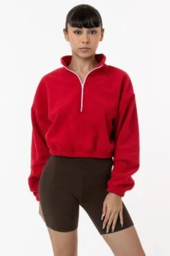 PF306 - Cropped Polar Fleece Half Zip Pullover -Tops Zone yumi red1